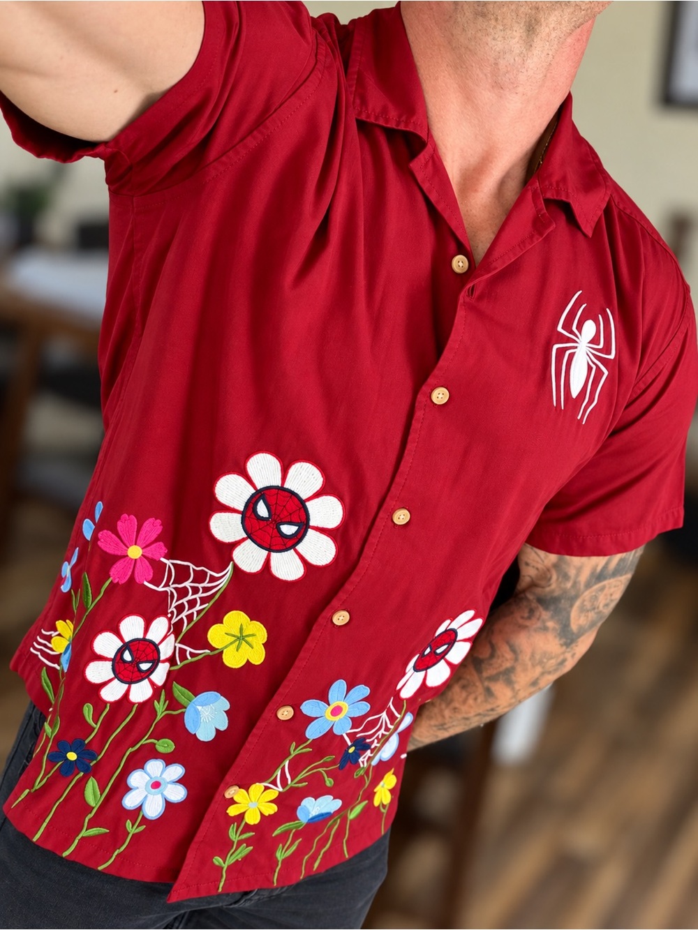 Marvel Spider-Man Floral Camp Shirt BoxLunch Exclusive Rayon Button L Up RARE